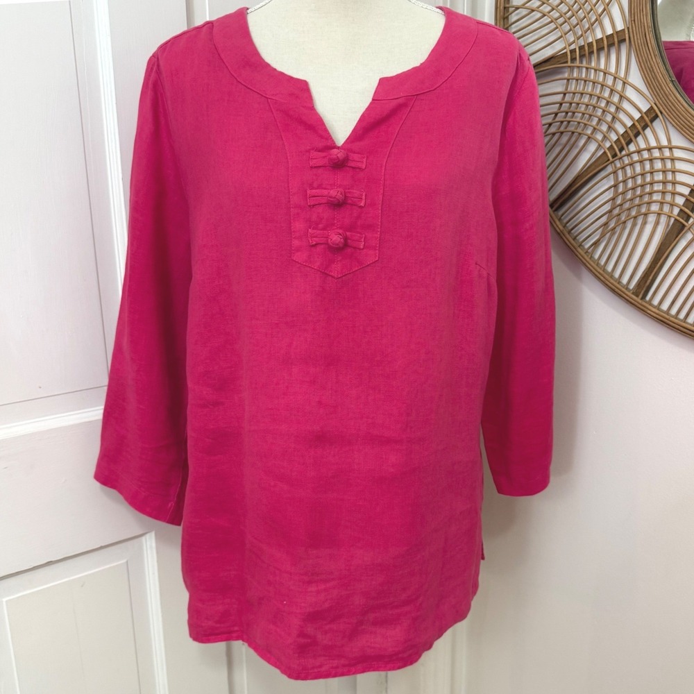 Choices Pink Linen Tunic Top XL Frog Knot V-Neck Boho Coastal Resort Minimalist